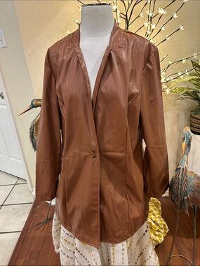 SHEIN Tan Faux Leather Single-Button Blazer Jacket